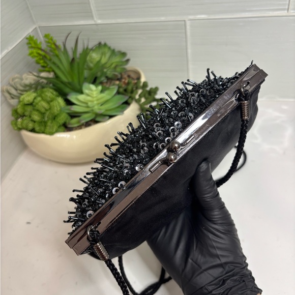 Vintage Lancôme Black Beaded Evening Bag Sequin Clutch Braided Strap Formal - Picture 7 of 10